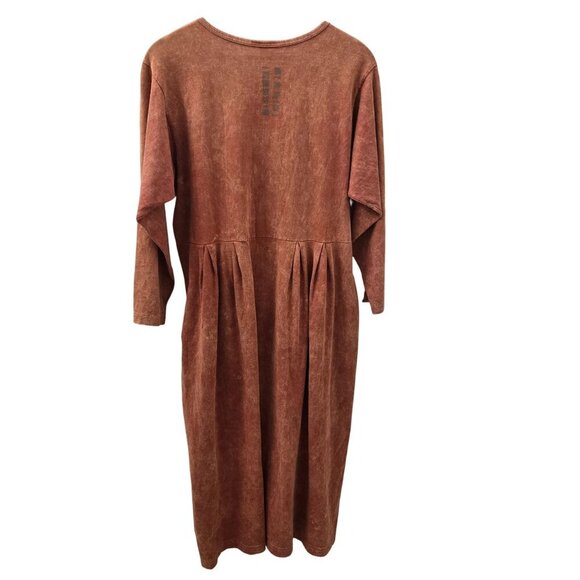 Vintage 90s Maxi Dress Rust Orange Pleated Long Sleeve Abstract Music Guitar - Picture 2 of 10